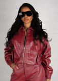 Women Turndown Collar Zipper Pullover Leather Jacket and Shorts Two-Piece Set