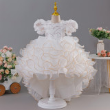 Girls' Birthday Formal Party Puff Sleeve Embroidered Train Cake Princess Dress