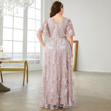 Plus Size Women V-Neck Lace Embroidered Bell Bottom Sleeve Short Sleeve Prom Bridesmaid Dress