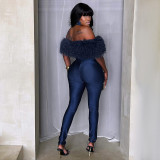 Women Autumn/Winter Off-Shoulder Furry Collar Patchwork Sleeveless Stretchy Cropped Jumpsuit