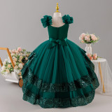 Girls' Sequin Birthday Formal Party Dress with Bow Sequin Suspender Train Princess Dress