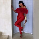 Women Autumn/Winter Off-Shoulder Furry Collar Patchwork Sleeveless Stretchy Cropped Jumpsuit