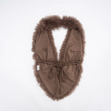 Women Autumn/Winter Furry Collar Lace-Up Backless Top and Skirt Two-Piece Set