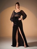 Women Summer Long Sleeve See-Through Sexy Slit Evening Dress
