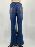 Women American Embroidered Floral Washed Denim Bell Bottom Pants