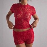 Women Sexy Lace See-Through Round Neck Short-Sleeve T-Shirt Top and Shorts Two-Piece Set