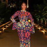 Women Printed Hollow-Out Round Neck Bell Bottom Sleeve Maxi Dress