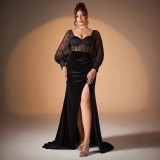 Women Summer Long Sleeve See-Through Sexy Slit Evening Dress