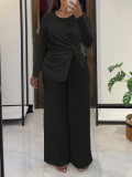 Plus Size Women Spring/Autumn Solid Casual Knot Asymmetrical Long-Sleeve Top and Pants Casual Two-Piece Set