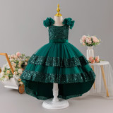 Girls' Sequin Birthday Formal Party Dress with Bow Sequin Suspender Train Princess Dress