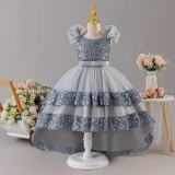 Girls' Sequin Birthday Formal Party Dress with Bow Sequin Suspender Train Princess Dress
