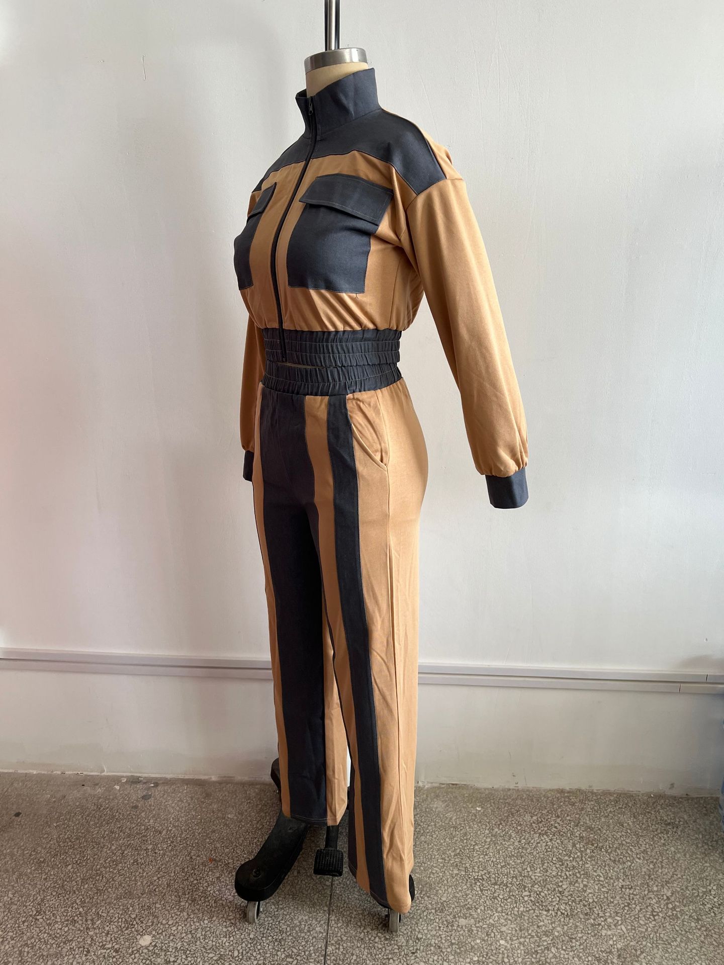 Women Denim Patchwork Pocket Long-Sleeved Top and Pants Two-Piece Set