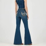 Women American Embroidered Floral Washed Denim Bell Bottom Pants