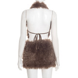 Women Autumn/Winter Furry Collar Lace-Up Backless Top and Skirt Two-Piece Set