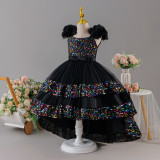 Girls' Sequin Birthday Formal Party Dress with Bow Sequin Suspender Train Princess Dress