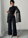 Women Autumn Sequined Long-Sleeve Round Neck Chiffon Lantern Sleeve Patchwork Jumpsuit