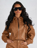 Women Turndown Collar Zipper Pullover Leather Jacket and Shorts Two-Piece Set