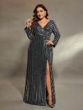 Plus Plus Size Women V-Neck Striped Sequined Prom Slit Evening Dress
