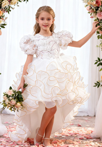 Girls' Birthday Formal Party Puff Sleeve Embroidered Train Cake Princess Dress