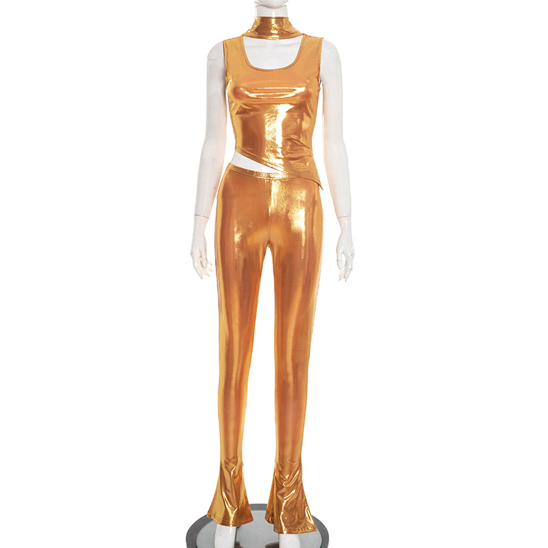 Women Shiny Ribbon Sleeveless Vest and Pants Set