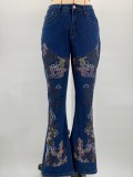 Women American Embroidered Floral Washed Denim Bell Bottom Pants