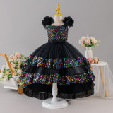 Girls' Sequin Birthday Formal Party Dress with Bow Sequin Suspender Train Princess Dress