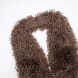 Women Autumn/Winter Furry Collar Lace-Up Backless Top and Skirt Two-Piece Set