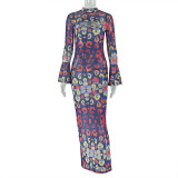 Women Printed Hollow-Out Round Neck Bell Bottom Sleeve Maxi Dress