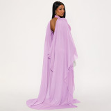 Women Elegant Sexy Backless Dress Long-Sleeve Ribbed Mesh Shawl Two-Piece Set