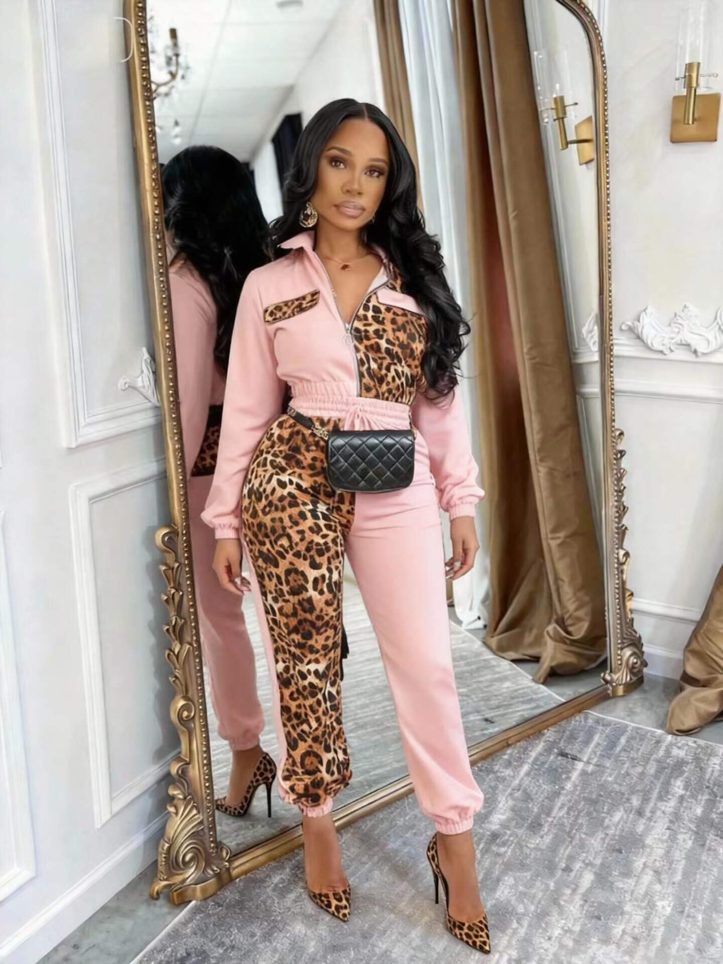 Women Casual Leopard Print Patchwork Pinsert Top and Pant Two-Piece Set