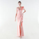 Women Floral One-Shoulder Ruffled Fishtail Evening Dress