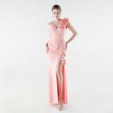 Women Floral One-Shoulder Ruffled Fishtail Evening Dress