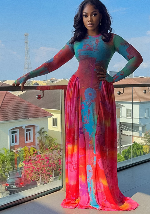 Women Patchwork Print Round Neck Long-Sleeved Dress