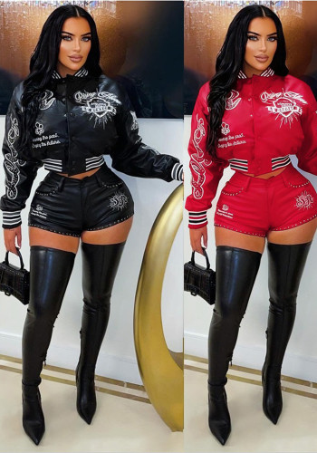 Women Stretchy PU Leather Embroidered Baseball Jacket and Shorts Two-Piece Set