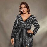 Plus Plus Size Women V-Neck Striped Sequined Prom Slit Evening Dress
