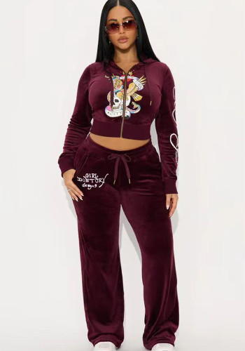 Women Hooded Velvet Top and Pant Two-Piece Set