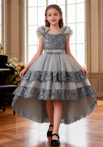 Girls' Sequin Birthday Formal Party Dress with Bow Sequin Suspender Train Princess Dress