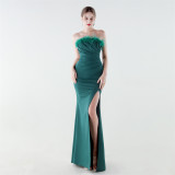 Women Strapless Feather Fishtail Formal Party Evening Dress