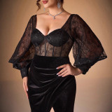 Women Summer Long Sleeve See-Through Sexy Slit Evening Dress
