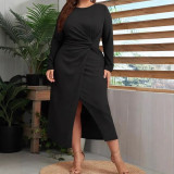 Plus Size Women Spring/Autumn Solid Knot Slit Long-Sleeve Elegant Dress