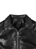 Women Turndown Collar Zipper Pullover Leather Jacket and Shorts Two-Piece Set