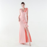 Women Beaded Floral One-Shoulder Ruffled Fishtail Evening Dress
