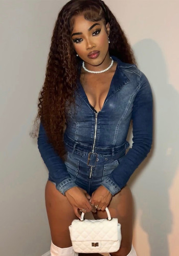 Women Zipper Solid Patchwork Stetchy Denim Lace Jumpsuit