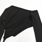 Women Autumn Long-Sleeve Solid One-Shoulder Crop Top and Skirt Two-Piece Set