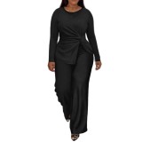 Plus Size Women Spring/Autumn Solid Casual Knot Asymmetrical Long-Sleeve Top and Pants Casual Two-Piece Set