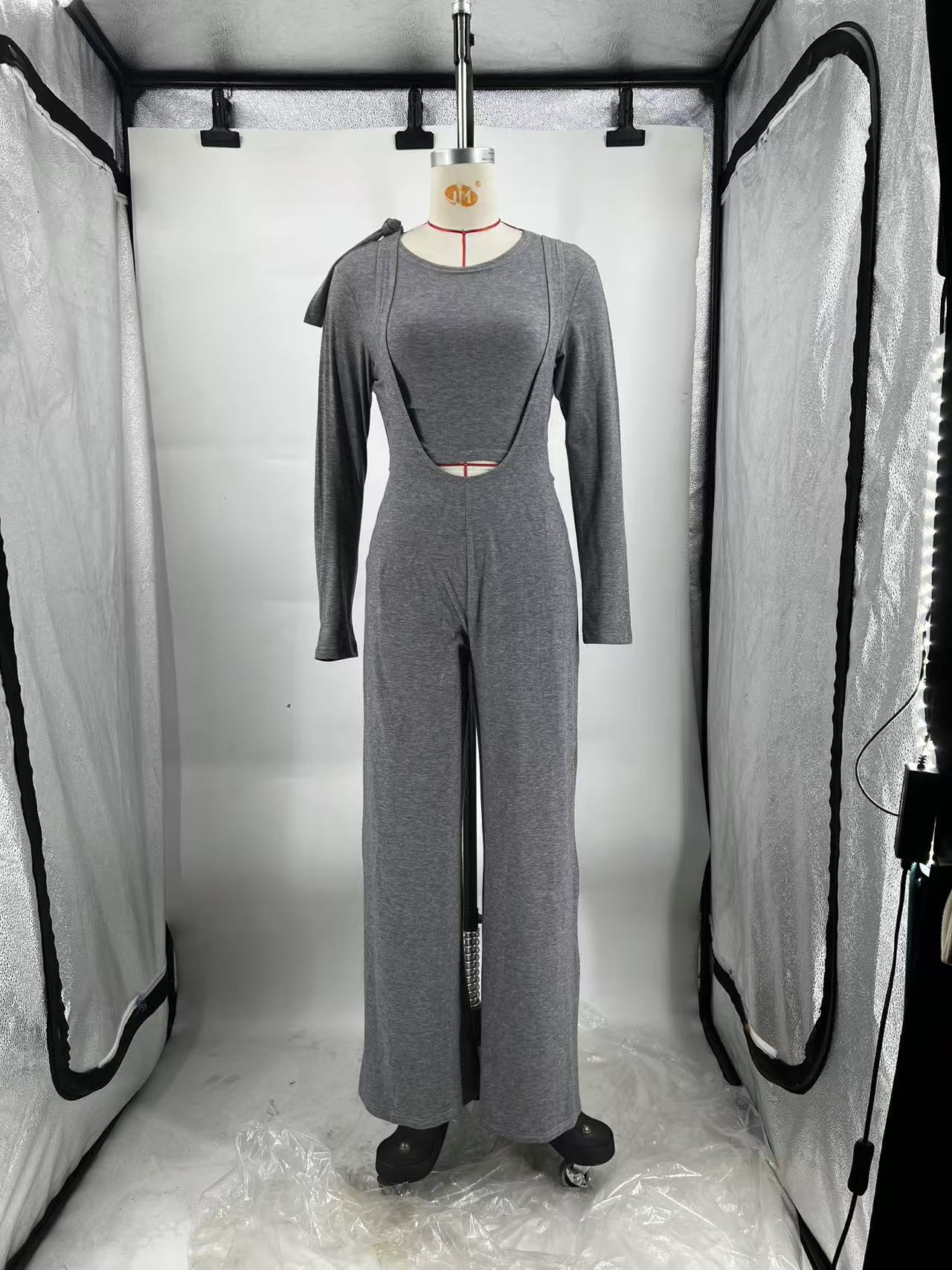 Women Autumn/Winter Solid Long-Sleeved T-Shirt and Wide-Leg Overalls Two-Piece Set