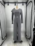 Women Autumn/Winter Solid Long-Sleeved T-Shirt and Wide-Leg Overalls Two-Piece Set