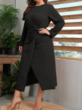 Plus Size Women Spring/Autumn Solid Knot Slit Long-Sleeve Elegant Dress