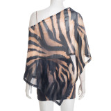 Women Sexy Print Slash Shoulder Top and Skirt Two-Piece Set