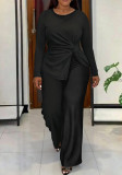 Plus Size Women Spring/Autumn Solid Casual Knot Asymmetrical Long-Sleeve Top and Pants Casual Two-Piece Set